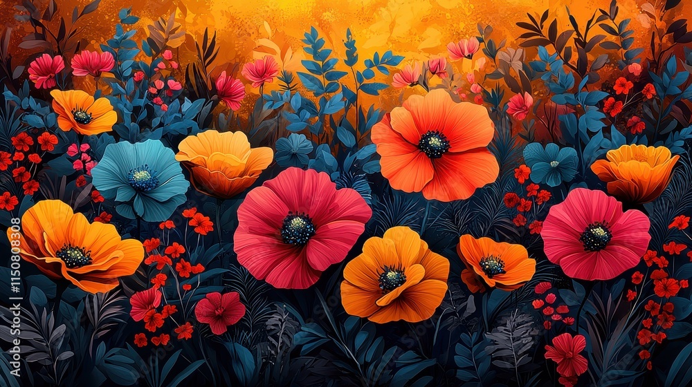 Fototapeta premium Vibrant Floral Landscape with Colorful Flowers and Lush Foliage
