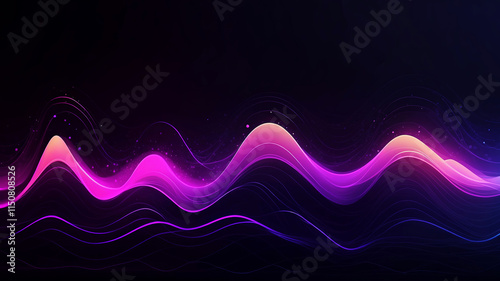 Voice and sound waves equalizer. Gradient flowing waveform. Pink and yellow gradient waves on dark background