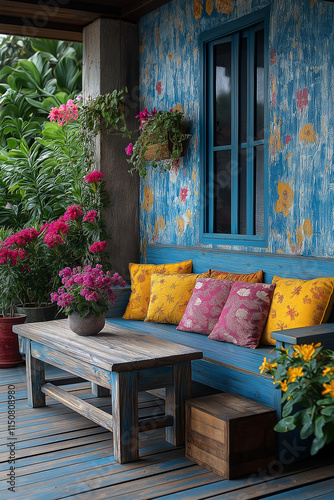 Terrasse Extérieure Colorée et Vintage avec Tapisserie Vinyle, Meubles en Bois Récupérés et Peints, Fleurs et Plantes décoratives photo