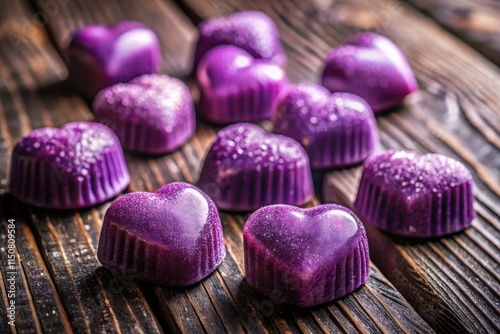 Capture the love: vibrant purple heart candies, deliciously photographed for a sweet Valentine's treat. photo