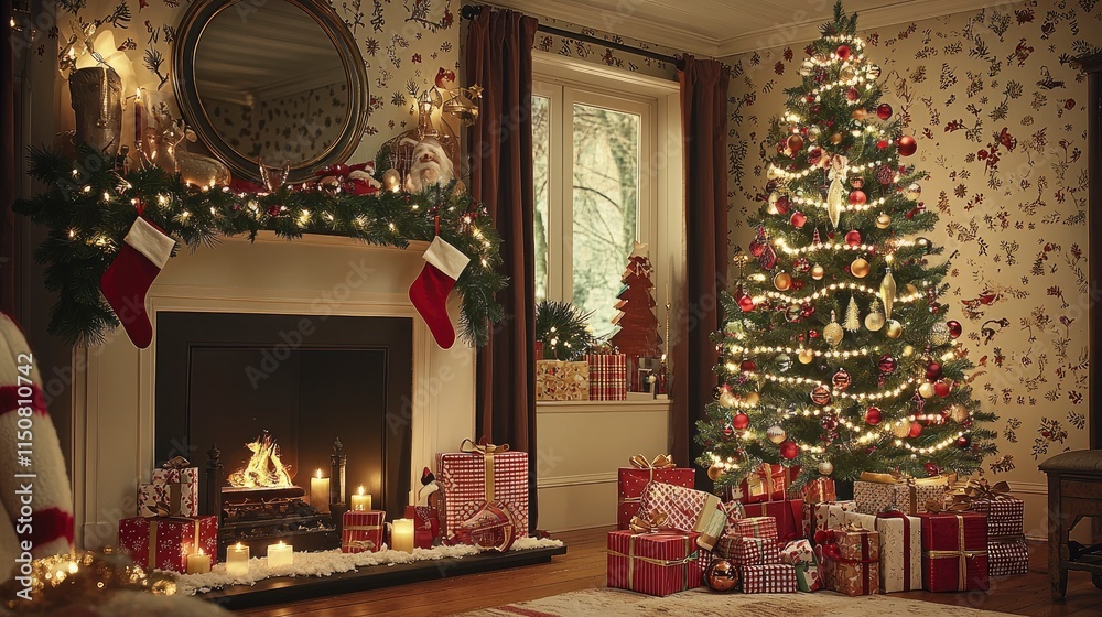 Fototapeta premium Cozy Christmas Fireplace and Decorated Tree in a Classic Home