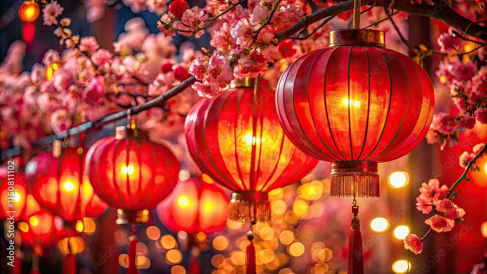 Obraz premium Chinese New Year's festive red lanterns glow, casting a magical light on blossoming trees, a beautiful Asian tradition.