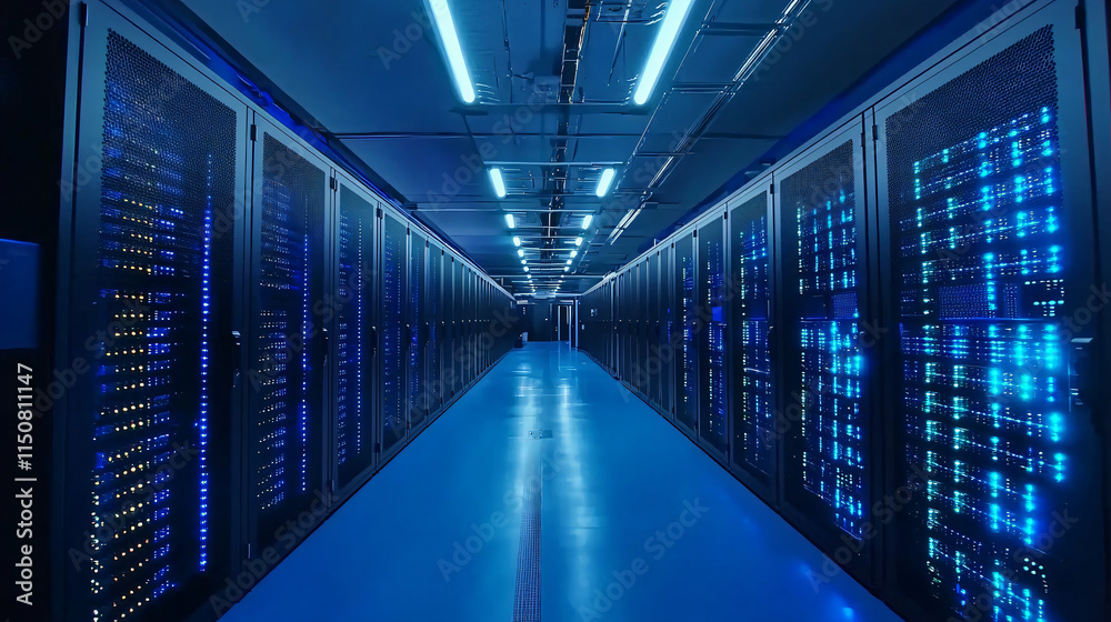 A spacious data center with rows of glowing server racks, illuminated by cool blue lights, captured in a stock photography style. A spacious data center with rows of glowing server racks, illuminated by cool blue lights, captured in a stock photography style.