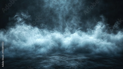 Dark moody background with thick, swirling blue smoke and fog, low-lit ground.