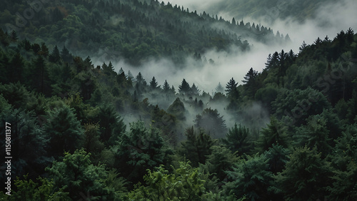 Fog draping over the treetops in a green forest aerial view of mist gently weaving between trees Photography photo