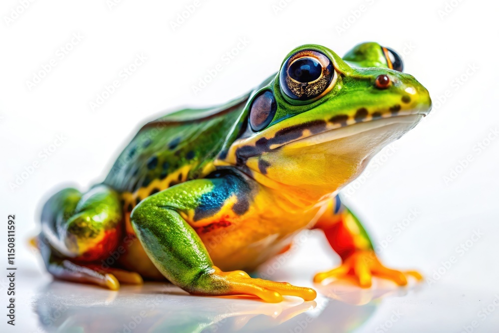 Naklejka premium Chubby toad and tadpole, a colorful amphibian closeup, isolated on white, macro detail.