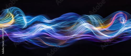 Long exposure, light painting photography, blue and multi color swirl and wave effect against a black background