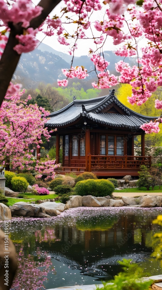Asian Style House with a Pond and Surrounded by Cherry Blossom Trees Asian Style House with a Pond and Surrounded by Cherry Blossom Trees