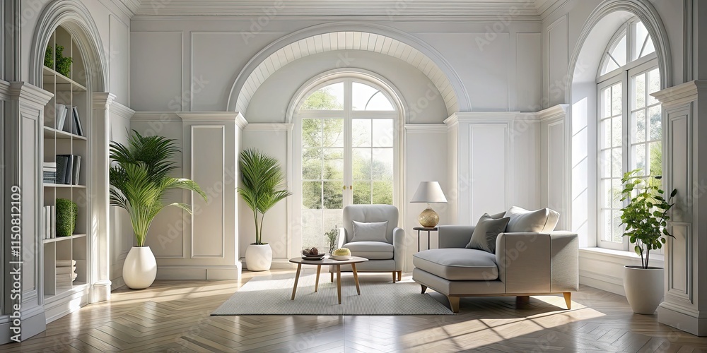 Fototapeta premium Classic white archway interior photography: ideal for showcasing furniture, art, and home décor.