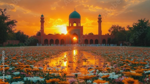 Majestic mosque at sunset, reflecting in a flower-filled pool. photo