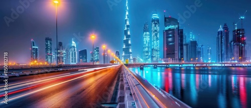 Meydan Bridge and street road or path way on highway with modern architecture buildings in Dubai Downtown at night, urban city at night, United Arab Emirates or UAE.