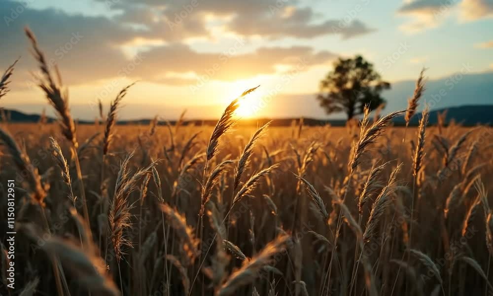 Stalks blowing in the wind at golden sunset light dry grass reeds