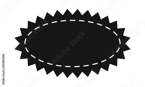 Oval shape with zigzag borders and dashed stitch line. Empty price, discount, sale offer, coupon, promo code tag. Speech bubble, message or text box isolated on white background. Vector illustration.