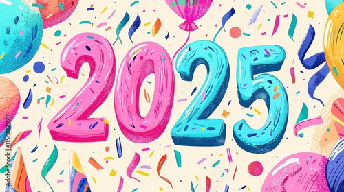 Cheerful Hand-Drawn Illustration of Festive 2025 Celebration with Balloons and Colorful Confetti