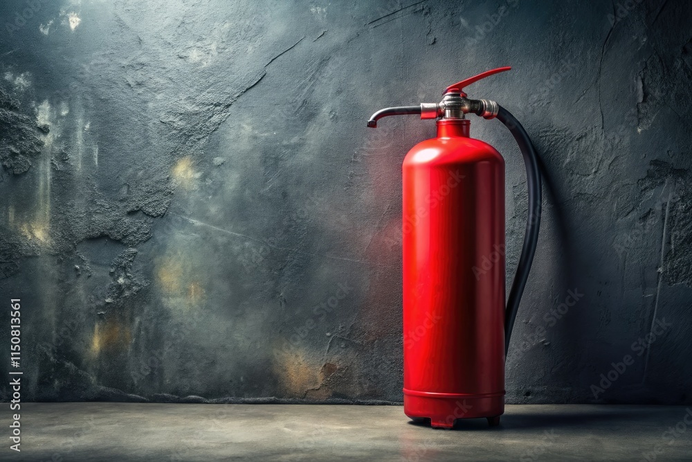 Obraz premium Close-up of a surreal fire extinguisher against a grey wall; abstract fire safety image, perfect for text.