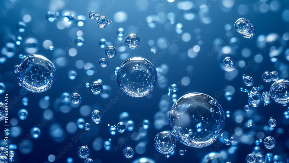 Crystal Clear Air Bubbles Floating in Deep Blue Water Crystal Clear Air Bubbles Floating in Deep Blue Water
