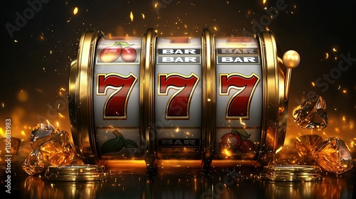 Golden slot machine with 777 jackpot, surrounded by fire and diamonds.