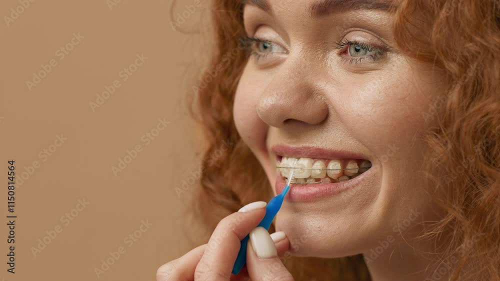 A young woman with curly red hair smiles while using a dental cleaning tool to maintain her braces. The warm background highlights her focused expression as she cares for her teeth. A young woman with curly red hair smiles while using a dental cleaning tool to maintain her braces. The warm background highlights her focused expression as she cares for her teeth.