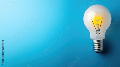 Lit incandescent bulb on blue background, symbolizing ideas and creativity