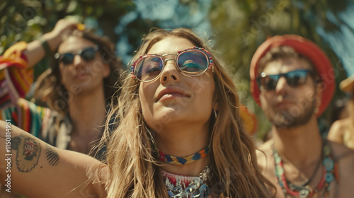 Free spirited woman with hippie people around and decorated sunglasses enjoying festival atmosphere in colorful attire, embodying modern bohemian lifestyle in natural setting.