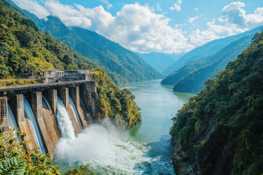Stunning Hydro Power Dam View with Cascading Water and Dynamic Lighting Surrounded by Lush Green Mountains in a Serene Valley Landscape Stunning Hydro Power Dam View with Cascading Water and Dynamic Lighting Surrounded by Lush Green Mountains in a Serene Valley Landscape