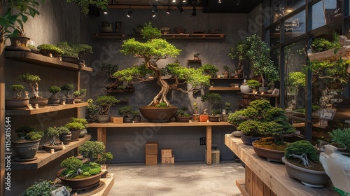 Interior of a bonsai shop with various sized bonsai trees displayed on wooden shelves.