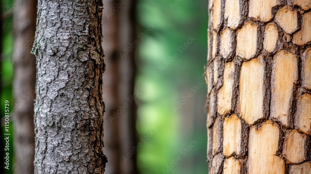 Naklejka premium Close-up of two tree trunks in forest, showing different bark textures