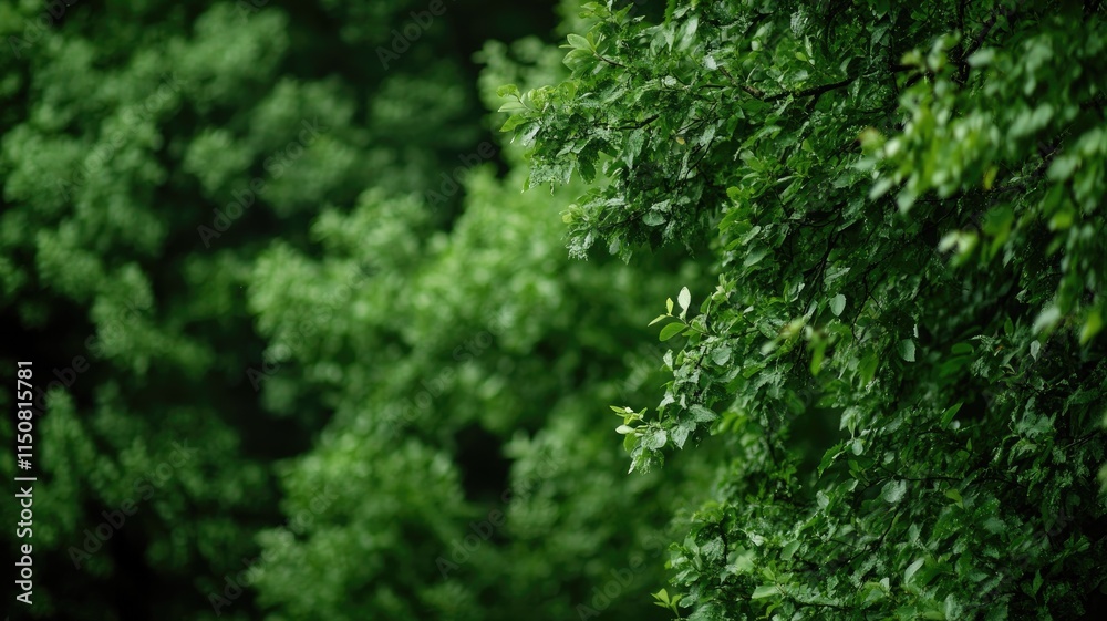 Lush green leaves on branches in dense forest Lush green leaves on branches in dense forest
