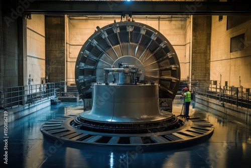 Inspecting the Turbine Area of a Hydroelectric Dam in Natural Light Within an Industrial Interior Setting for Power Generation photo