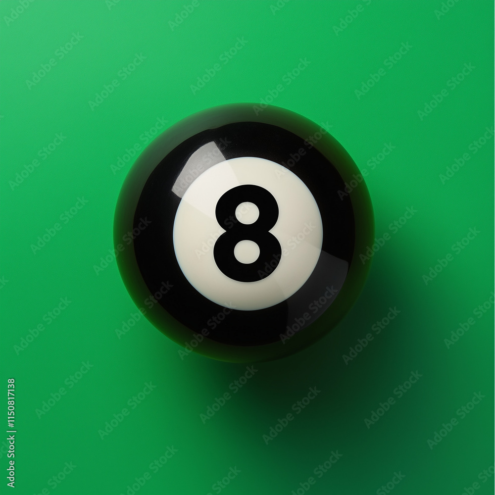 top view of the 8 ball, black billiard ball, isolated on green top view of the 8 ball, black billiard ball, isolated on green