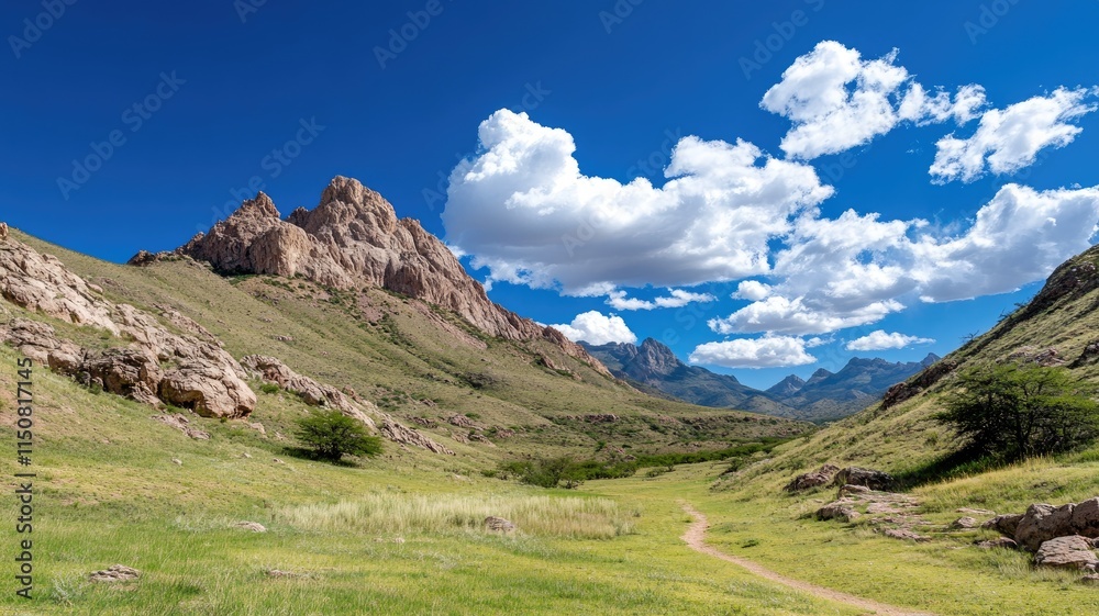 Fototapeta premium Scenic mountain landscape with clear blue sky and scattered clouds