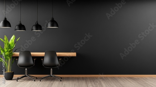Wallpaper Mural Minimalist office setup with two black chairs, pendant lights, and potted plant against dark wall Torontodigital.ca