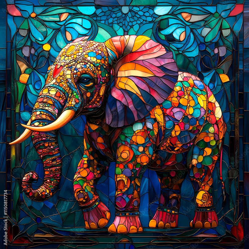 Obraz premium Illustration in stained glass style with an elephant on a blue background