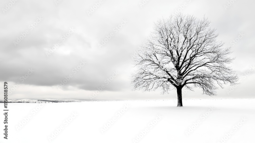 Solitary tree standing in snow-covered field under cloudy sky Black and white Solitary tree standing in snow-covered field under cloudy sky Black and white