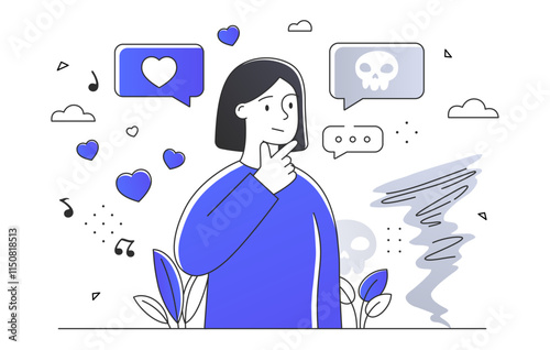 Flat vector illustration of a person contemplating emotions, surrounded by icons of love, music, and negativity, like storm clouds and a skull. Concept of emotional balance and decision-making.