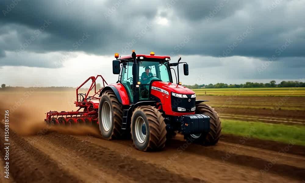 Red tractor plowing a field Red tractor plowing a field