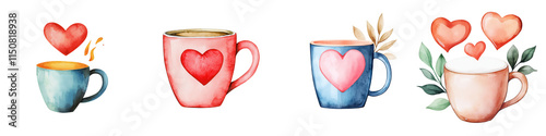 Valentine day element, Heart themed coffee mugs watercolor, isolated on transparent background