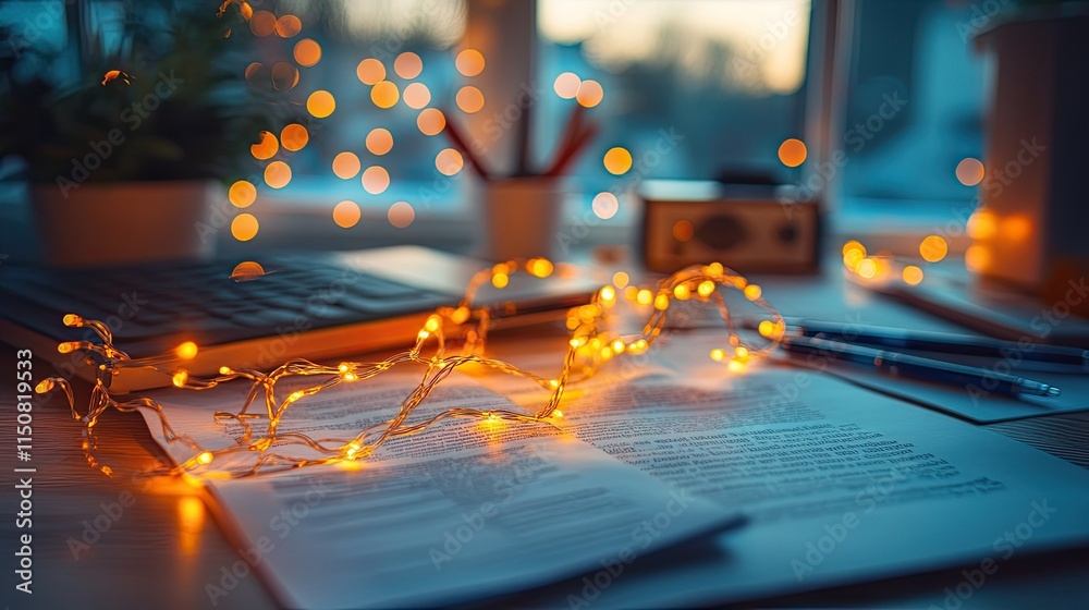 a set of glowing fairy lights tangled on a desk with pens and scattered papers a set of glowing fairy lights tangled on a desk with pens and scattered papers