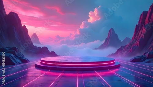 Futuristic Pink and Purple Platform Surrounded by Mountains and Sky