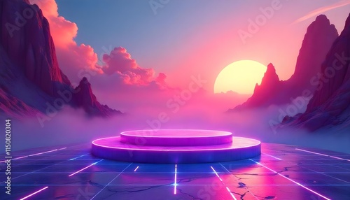 Futuristic Glowing Pink Platform with Moon and Mountains