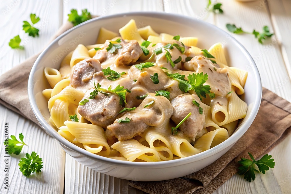 Elevated Turkey Stroganoff Pasta Dish - Aerial View Elevated Turkey Stroganoff Pasta Dish - Aerial View