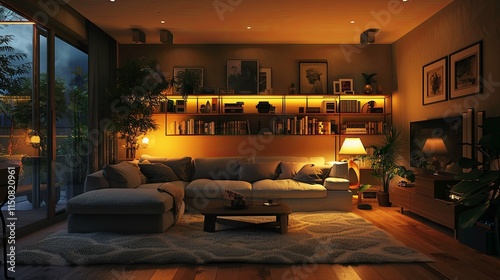 Warmly Lit Modern Living Room with L-Shaped Sofa and Built-in Shelving