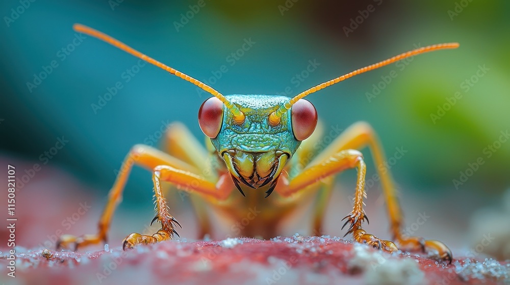 Fototapeta premium Close-Up of Colorful Insect with Bright Eyes on Vibrant Background