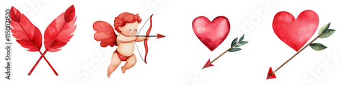 Valentine day element, Cute cupid with arrows and hearts , isolated on transparent background