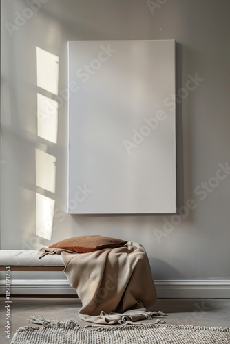 Minimalist blank canvas with cozy bench setting, with free space in the frame for your own image, graphic or brand.
