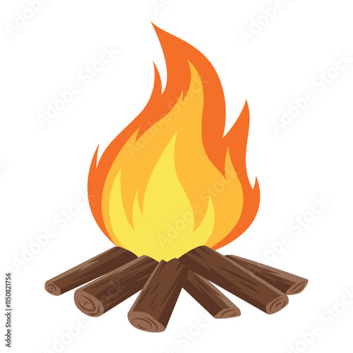 Vector Flat Cartoon Illustration of a Campfire with Logs. Design Template for Camping, Outdoor Activities. Tourist Campfire Clipart. Nature, Adventure, Travel Designs, Outdoor Campfire Illustration