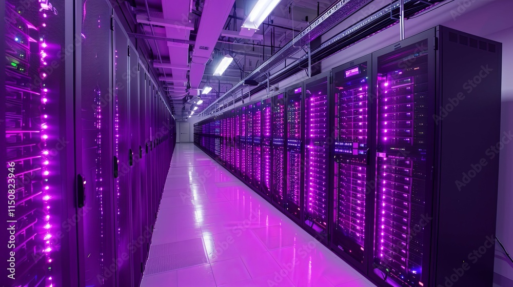 Rows of illuminated server racks in a modern data center. Rows of illuminated server racks in a modern data center.