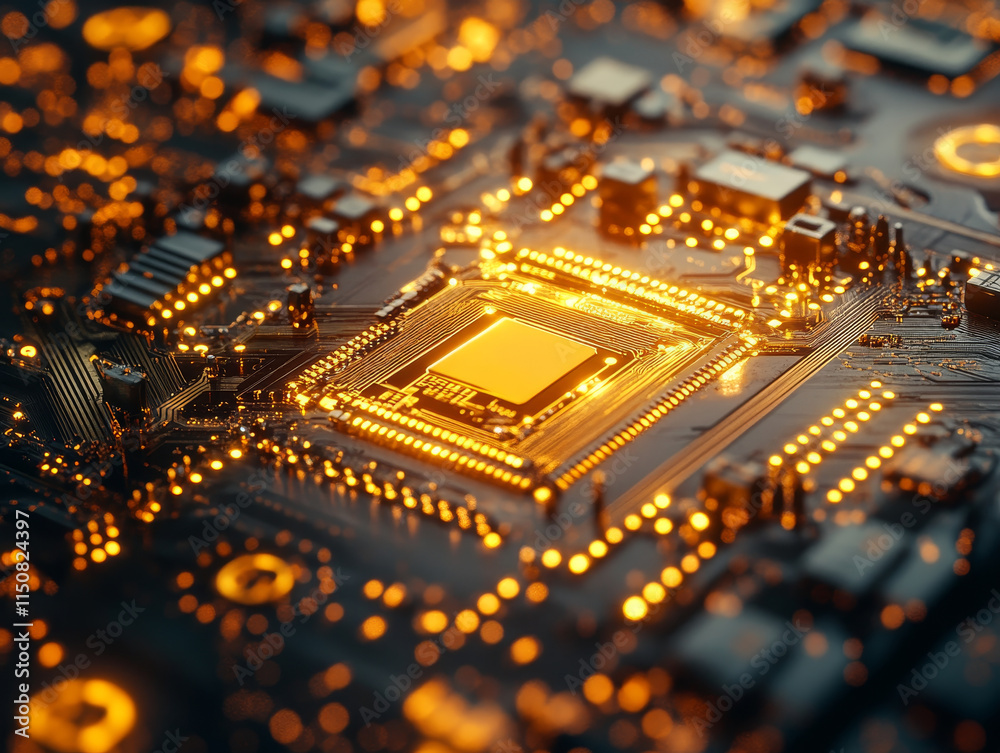 close up view of circuit board with glowing gold elements, showcasing technology close up view of circuit board with glowing gold elements, showcasing technology