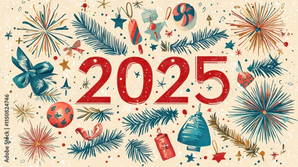 Fototapeta premium Elegant Vintage Design Celebrating the Year 2025 with Nostalgic Elements and Festive Decorations