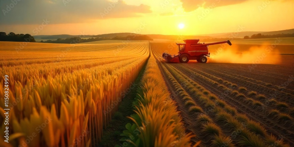Fototapeta premium Sunset harvesting in a golden field with a combine harvester working the crops